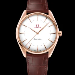 39.5 mm, Sedna™ gold on leather strap^OMEGA Fashion